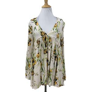 Free People Bella Tunic Top Womens XS Extra Small Cream Floral V Neck Blouse